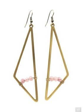 Gold Brass Geometric Drop Earrings with Pink Moonstone